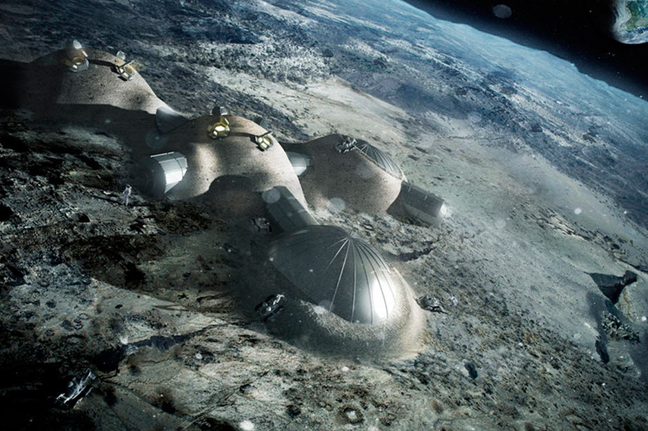 A rendering of a multi-dome lunar base being constructed, based on the 3D printing concept. Once assembled, inflated domes will be repeatedly covered with a layer of 3D-printed lunar regolith. Copyright ESA