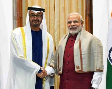 India's Prime Minister Narendra Modi shakes hands with H.H. Sheik Mohammed bin Zayed Al Nahyan, Crown Prince of Abu Dhabi, in New Delhi, India, 11 February 2016. Photograph courtesy of the Press Trust of India.