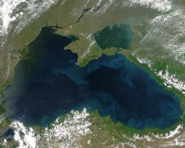 A satellite image of the Black Sea, as captured by the Moderate Resolution Imaging Spectroradiometer (MODIS) on NASA's Aqua satellite on 22 May 2004. Image courtesy of NASA.