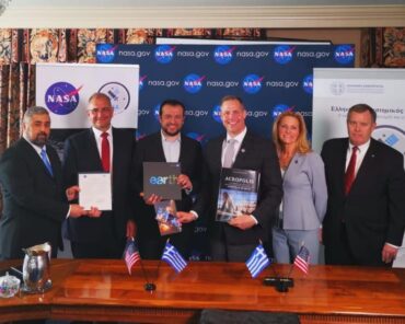 NASA Administrator Jim Bridenstine along with NASA and Hellenic Space Agency officials at the signing ceremony. Photograph courtesy of the Hellenic Space Agency.