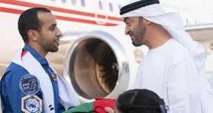 Hazza Al Mansoori, the UAE's first astronaut, is greeted by H.H. Sheikh Mohammed bin Zayed Al Nahyan, the Crown Prince of Abu Dhabi and the Vice-President of the UAE, upon his return to Abu Dhabi. Photograph courtesy of WAM.