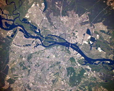 A photograph of Kyiv, the capital of Ukraine, taken from the International Space Station in 2010. Photograph courtesy of NASA.