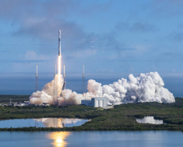 The SpaceX Falcon 9 satellite launch vehicle carrying the fifth batch of Starlink satellites lifts off from Cape Canaveral, Florida, on 17 February 2020. Photograph courtesy of SpaceX.