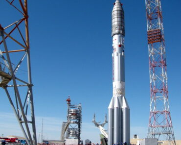 A Proton-M launch vehicle on its launch pad at the Baikonur Cosmodrome. Photograph courtesy of Flickr.