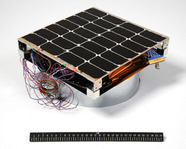 Image of the Photovoltaic Radio-frequency Antenna Module (PRAM) with a 12-inch ruler for scale. Image courtesy of U.S. Naval Research Laboratory.