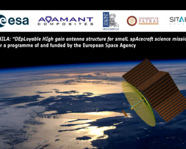 Artistic visualization of the microsatellite with the DELHILA reflector antenna over Greece. (Copyright: Adamant Composites)