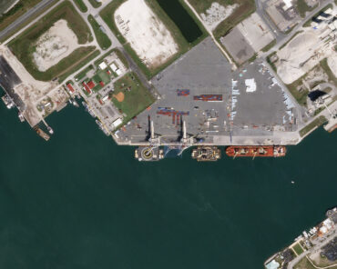 SpaceX’s Atlantic fleet moored at Port Canaveral, Florida and imaged by a Planet SkySat on March 7, 2020. © 2020, Planet Labs Inc.