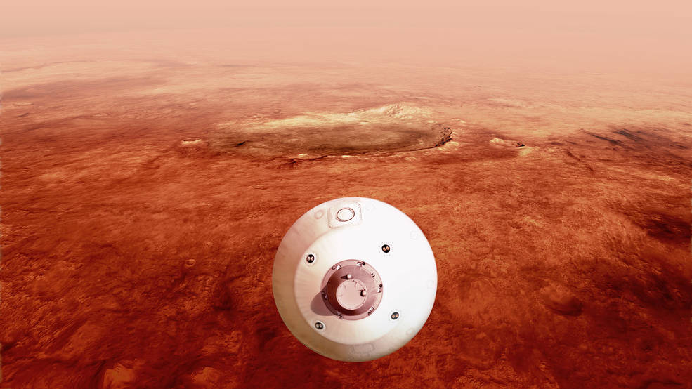 The aeroshell containing NASA’s Perseverance rover guides itself towards the Martian surface as it descends through the atmosphere in this illustration. Hundreds of critical events must execute perfectly and exactly on time for the rover to land on Mars safely on Feb. 18, 2021.
Credits: NASA/JPL-Caltech