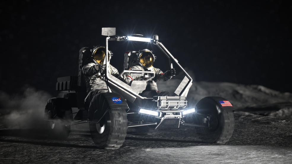 Artist concept of NASA's Lunar Terrain Vehicle on the surface of the Moon. Credit NASA