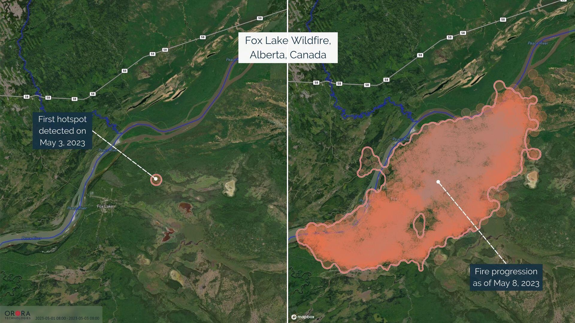 An example of a recent fire that emerged near Fox Lake, Alberta, captured on May 8, 2023, via OroraTech’s Wildfire Solution. Left image: The detection of the first hotspot on May 3, 2023. Right image: The fire progression after five days of burning. Credit OroraTech