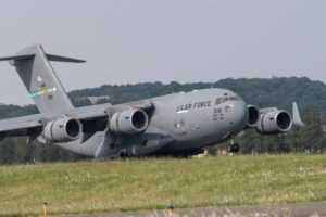 A C-17 Globemaster III assigned to the 436th Airlift Wing, Dover Air Force Base, DE, lands at Yokota Air Base, Japan, May 10, 2023. The two units assisted the U.S. Space Force Space Systems Command (SSC) to deliver a second payload to be hosted on Japan’s Geo-based Quasi-Zenith Satellite System. As the payloads arrive in Japan, the SSC program will then begin the next stage of integration with QZSS host satellites and prepare for launch, effectively unifying the two nations in space. Credit: Airman 1st Class Jarrett Smith.