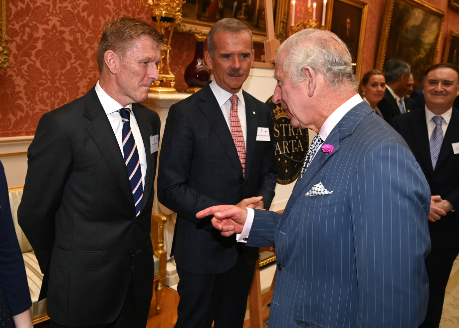 From left to right; Tim Peake, Chris Hadfield, The King at the Buckingham Palace launch