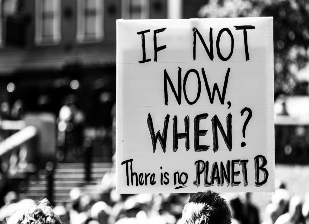 Activist at a climate protest holding up sign saying ‘If not now, when?’ Credit: Canva Stock Photos