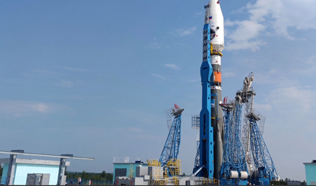 Soyuz-2.1b rocket with the moon lander Luna 25 automatic station is set at a launch pad at the Vostochny Cosmodrome. Credit Russian Space Agency Rosmoscos