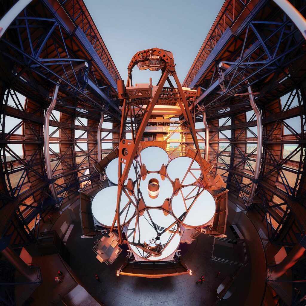 Sunlit daytime interior telescope rendering. Credit: Giant Magellan Telescope – GMTO Corporation.