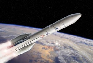 Artists view of the configuration of Ariane 6 using four boosters. Credit ESA.