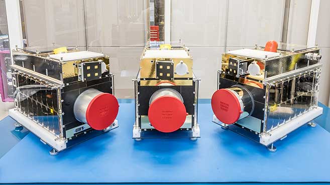 GHGSat-C3, GHGSat-C4, GHGSat-C5 after completing testing. Credit Space Flight Laboratory