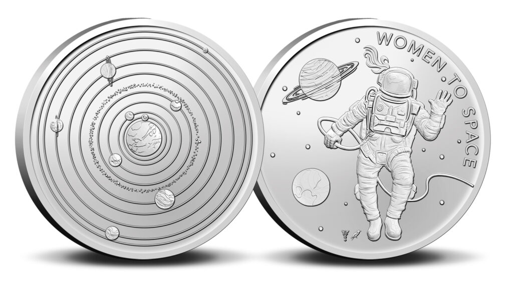 Women to space coin front and back. Credit Cosmic Girls 