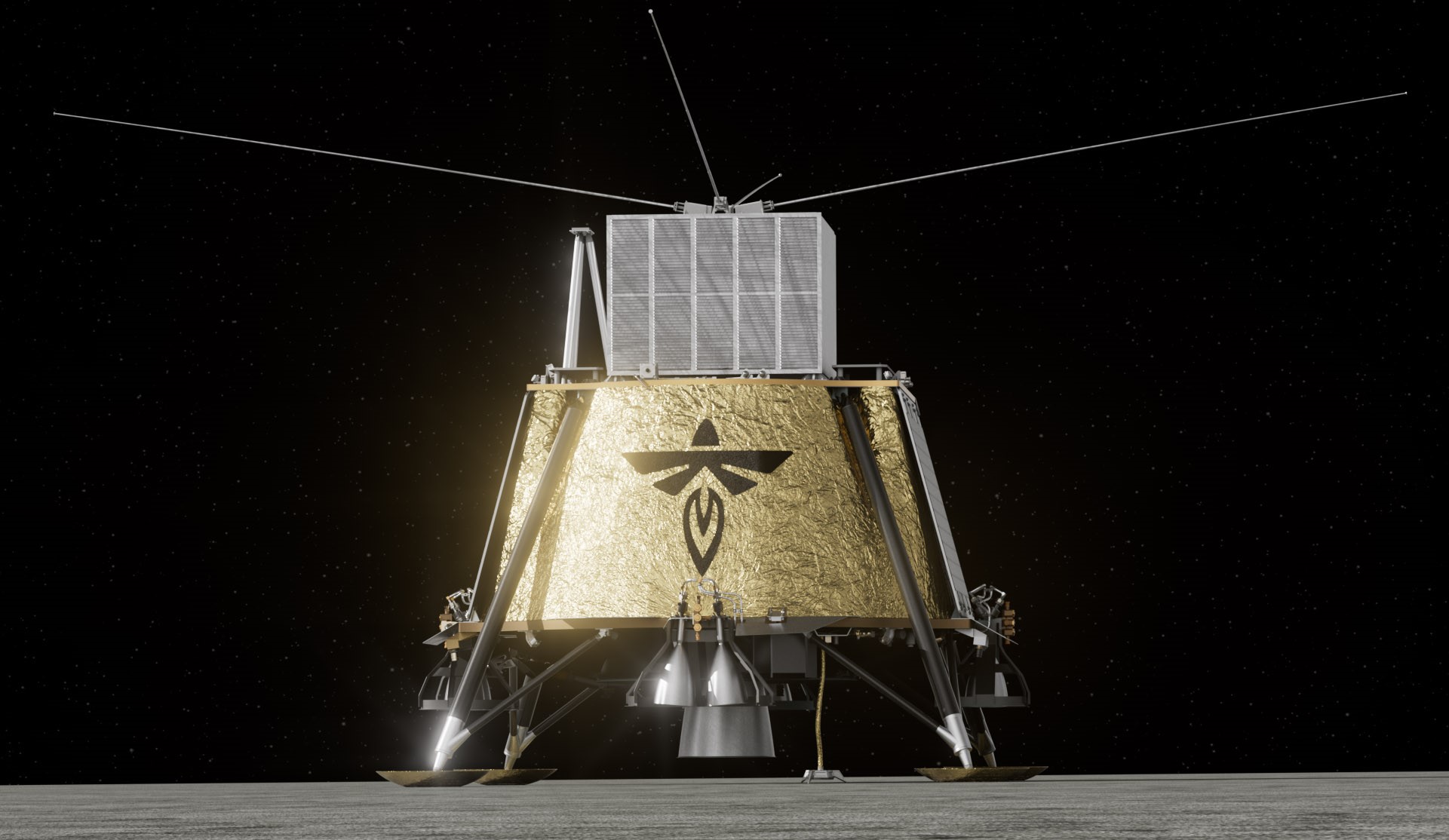 Rendering of Blue Ghost lunar lander on the far side of the Moon with the Fleet Space SPIDER payload deployed. Credit Firefly