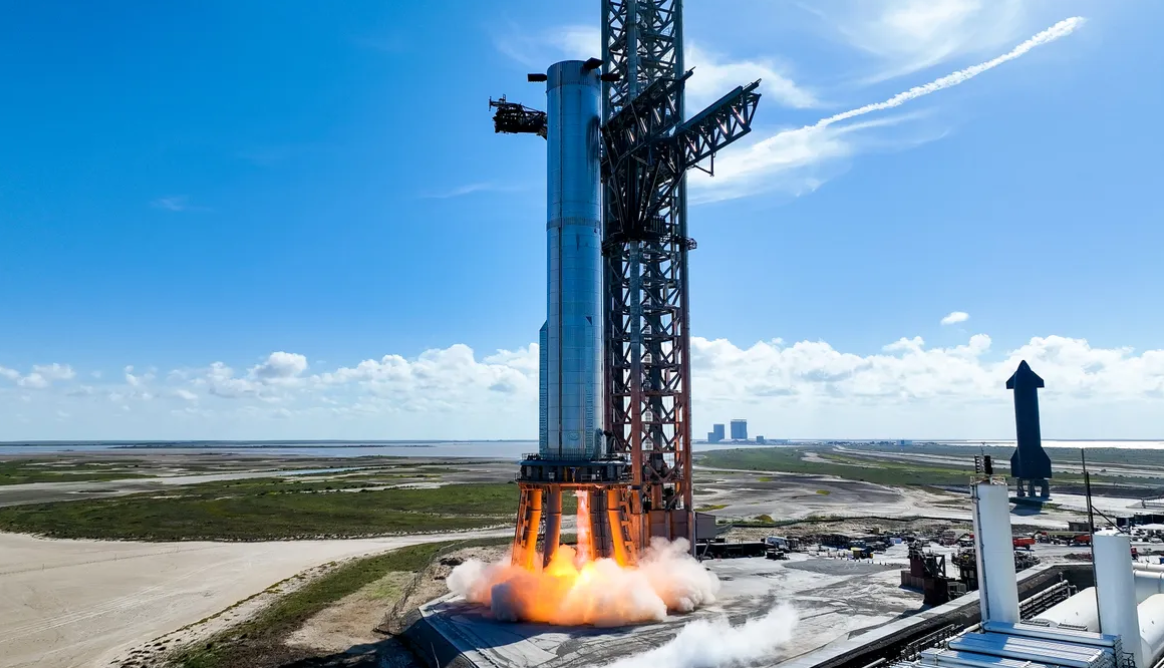 SpaceX conducts a static-fire test with one of the Super Heavy's 33 Raptor engines on Aug. 9, 2022, at its Starbase site in South Texas. Credit SpaceX