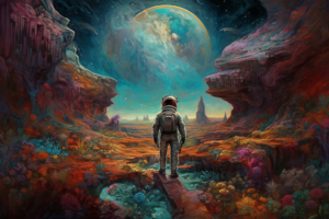 Acrylic painting of an astronaut standing. Consulting surreal
