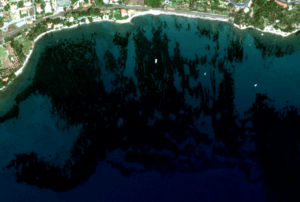 Multispectral satellite imagery of the Ligurian coast near Ventimiglia, Italy