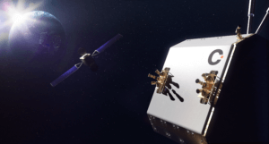 Artistic impression of the ClearSpace servicer approaching its client satellite © ClearSpace
