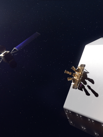 Artistic impression of the ClearSpace servicer approaching its client satellite © ClearSpace
