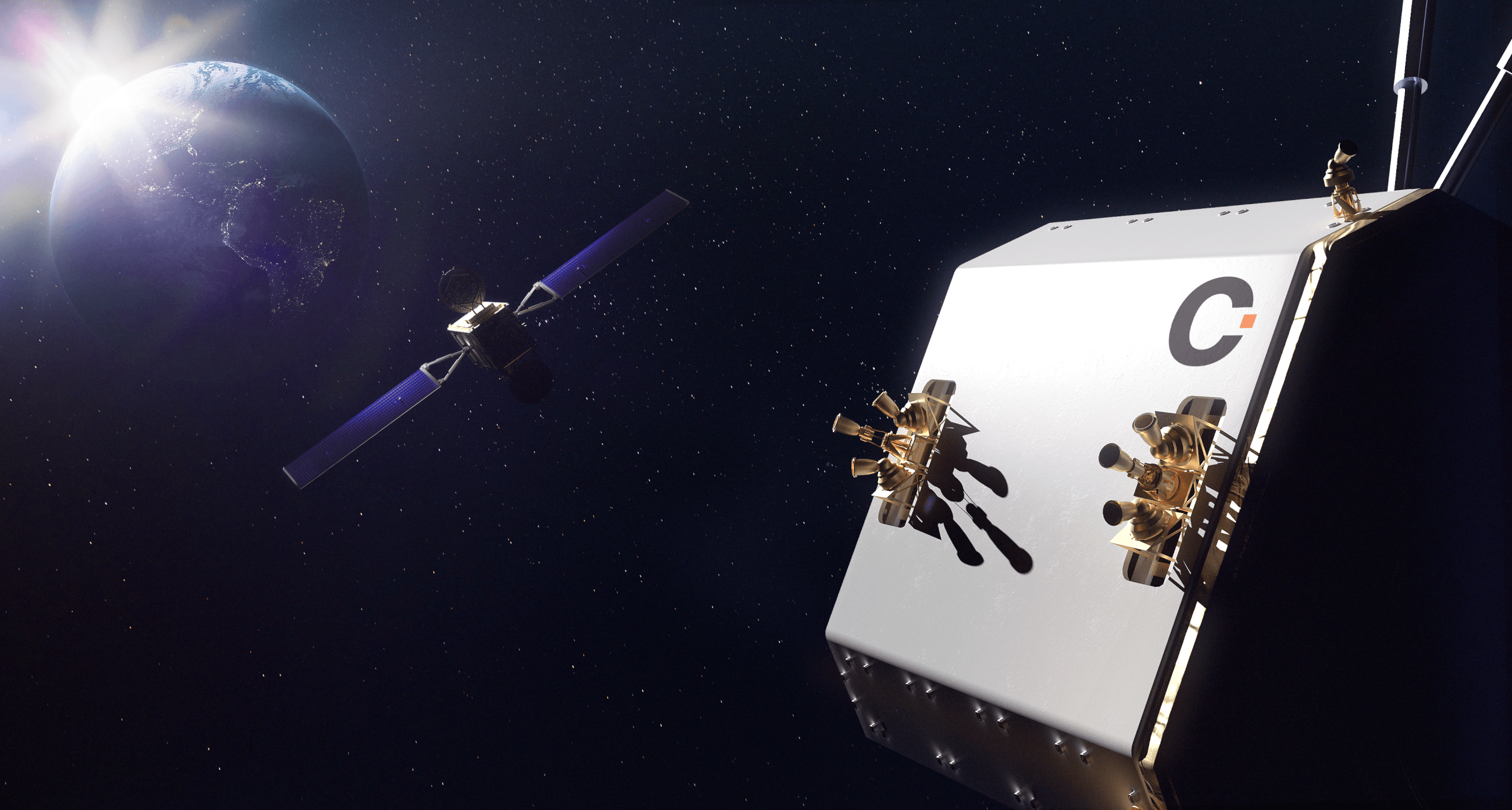 Artistic impression of the ClearSpace servicer approaching its client satellite © ClearSpace