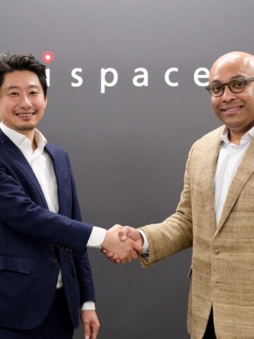 From Left: Takeshi Hakamada, Founder & CEO of ispace, inc., and Dr. Sakyasingha Dasgupta, Founder & CEO of EdgeCortix shake hands at a signing ceremony on Feb. 5, 2025, in Tokyo.