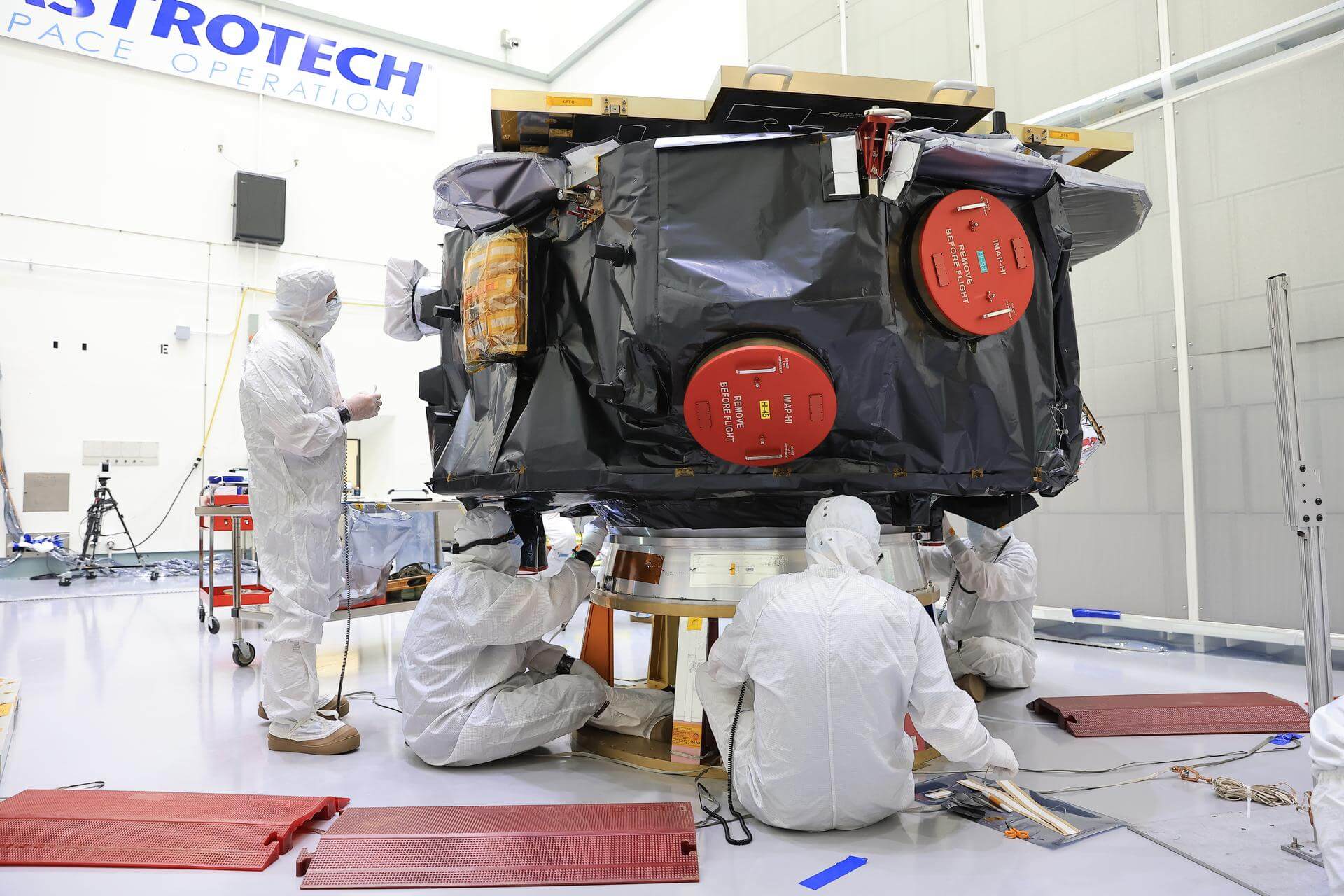 NASA technicians prepare IMAP spacecraft for fueling