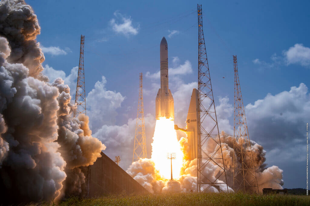 Ariane 6 Lifts off with Four Boosters to Deploy 32 Amazon LEO Constellation Satellites