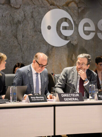 Director General, Director Marco Ferrazzani, Special Advisor on Future Talent Ersilia Vaudo-Scarpetta and event moderator Ninja Menning partaking in the ESA Future Skills Executive Roundtable event held at the ESA Headquarters on 8 Apri 2026. Credit: ESA - Walter Meregalli