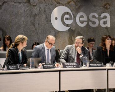 Director General, Director Marco Ferrazzani, Special Advisor on Future Talent Ersilia Vaudo-Scarpetta and event moderator Ninja Menning partaking in the ESA Future Skills Executive Roundtable event held at the ESA Headquarters on 8 Apri 2026. Credit: ESA - Walter Meregalli
