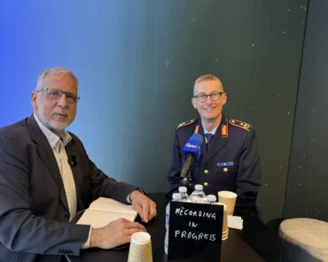 Wolfgang Ohl and Torsten Kriening during the Space Cafe Radio recording at the Space Symposium; Credits: SpaceWatch.Global