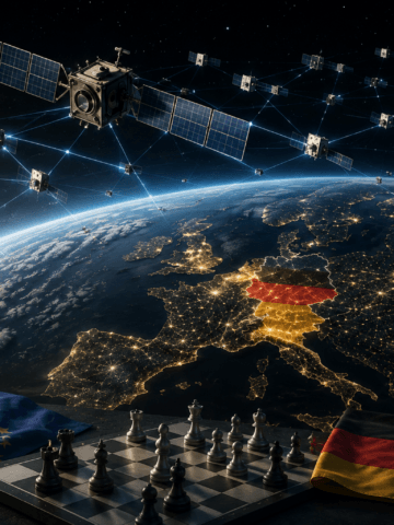 Concept illustration of a future European military satellite constellation, highlighting the strategic, industrial, and geopolitical challenges surrounding Germany's ambitions to strengthen sovereign space capabilities through large-scale orbital infrastructure. Illustration: SpaceWatch.Global / AI.