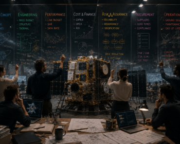 Researchers. Engineers. Investors. Procurement officers. Operators. Every perspective improves the spacecraft. Every handover changes it. Credit: SpaceWatch.Global/AI