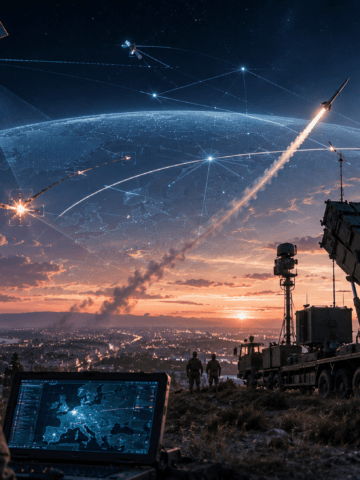 AI-generated concept art visualising a future European multi-domain air and missile defence architecture, from orbit to interceptor. Credit: AI/SpaceWatch.Global