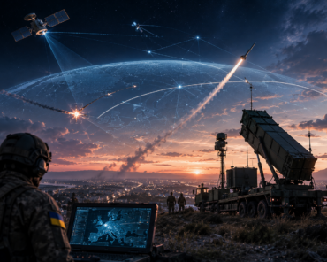 AI-generated concept art visualising a future European multi-domain air and missile defence architecture, from orbit to interceptor. Credit: AI/SpaceWatch.Global