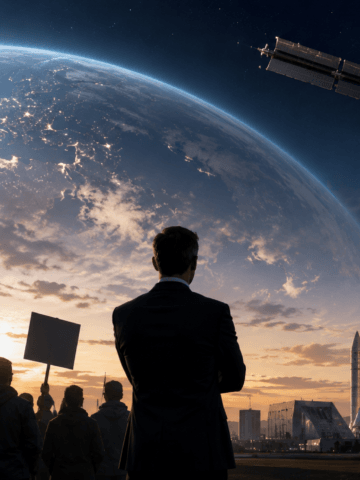 Concept illustration highlighting the policy debate over France's commercial space ambitions, CNES budget priorities, and the country's evolving approach to the future of low Earth orbit. Illustration: SpaceWatch.Global / AI.
