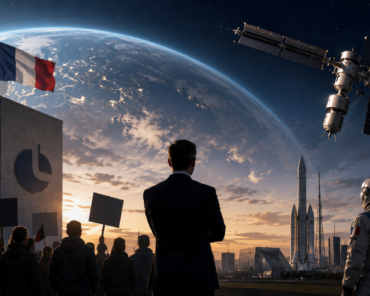 Concept illustration highlighting the policy debate over France's commercial space ambitions, CNES budget priorities, and the country's evolving approach to the future of low Earth orbit. Illustration: SpaceWatch.Global / AI.
