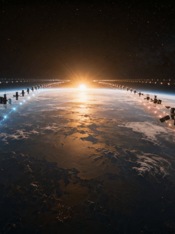 An increasingly crowded orbital environment raises a deceptively simple question: when multiple constellations converge on the same valuable orbital regime, who decides the rules of the road? Credit: SpaceWatch.Global / AI-generated illustration.