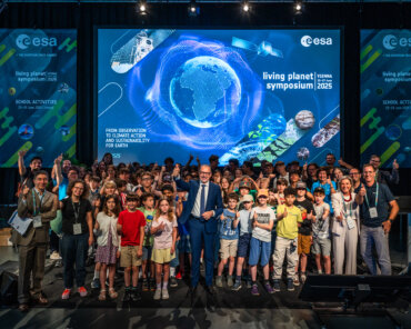 ESA Director General Josef Aschbacher meets schoolchildren at the Living Planet Symposium 2025, where outreach activities reached more than 2,200 children. As Europe looks to deepen public engagement with space, the question is increasingly shifting from how to inspire people to how to bring them into the conversation. Credit: ESA/J. Mai