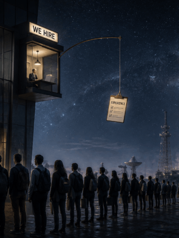 The space sector says it needs talent. But for many early-career professionals, getting through the door still means accepting low-paid or unpaid work, funding their own opportunities, and hoping that experience will eventually turn into a salary. Credit: SpaceWatchGL/AI Illustration