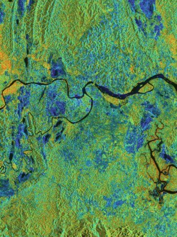 False-colour satellite image of the Berau River delta, East Kalimantan (Borneo), Indonesia. Credit: ESA