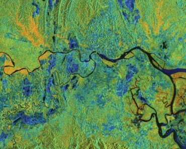 False-colour satellite image of the Berau River delta, East Kalimantan (Borneo), Indonesia. Credit: ESA