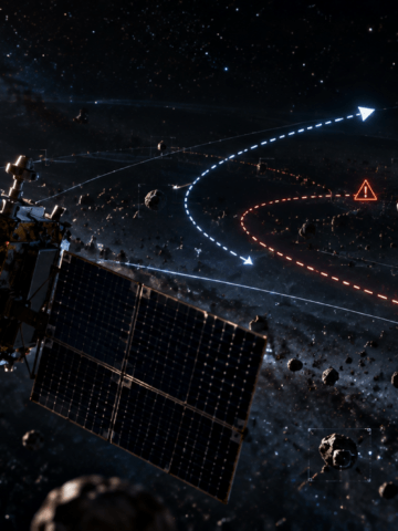 An autonomous spacecraft navigates a potential hazard without immediate intervention from Earth, illustrating the growing challenge of defining authority and accountability as AI takes on more operational decisions in space. Credit: SpaceWatch.Global / AI-generated