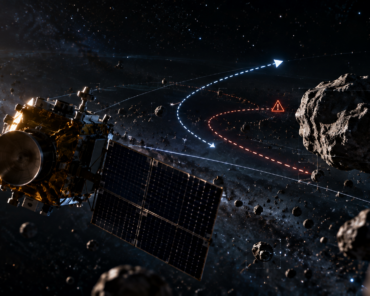 An autonomous spacecraft navigates a potential hazard without immediate intervention from Earth, illustrating the growing challenge of defining authority and accountability as AI takes on more operational decisions in space. Credit: SpaceWatch.Global / AI-generated