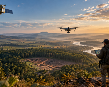 From orbit to air to ground: satellites can identify where change is happening, but turning an alert into a verified answer may require a much closer look. Credit: SpaceWatch.Global / AI-generated