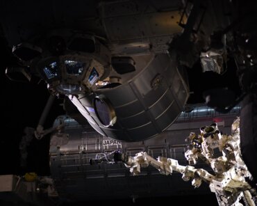 View of Japan's KIBO Laboratory on the ISS, Canadarm in the front. Credit: ESA/NASA–T. Pesquet
